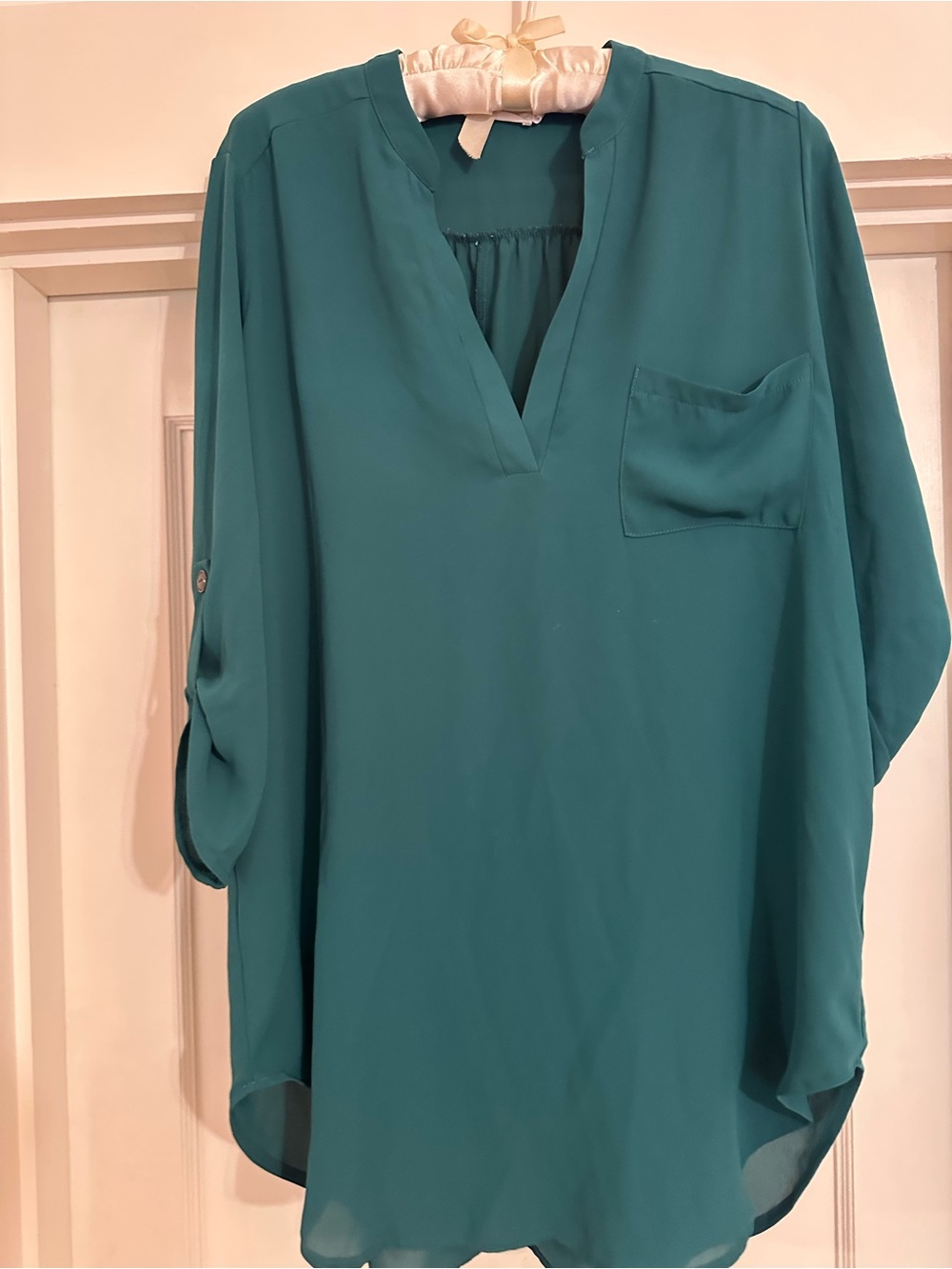 Lush Green V-Neck Tunic with Chest Pocket - Picture 3 of 4